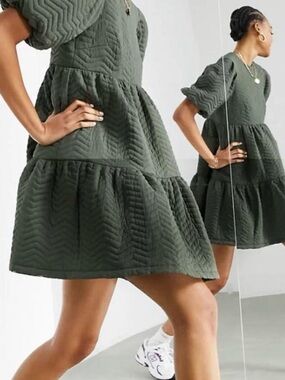 ASOS Olive Green Quilted Tiered Mini Dress size 4
